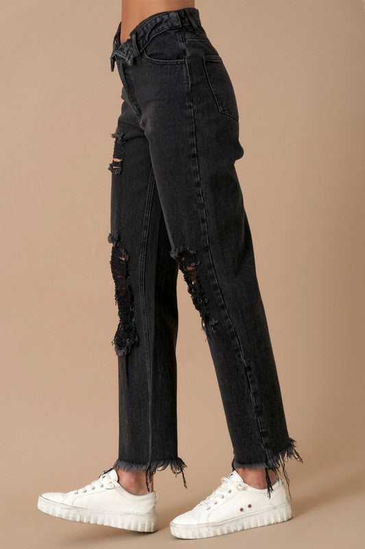 Flipped Waistband Black Wash Denim Jeans