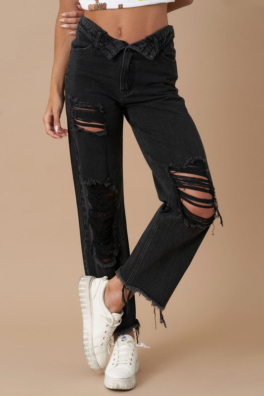 Flipped Waistband Black Wash Denim Jeans