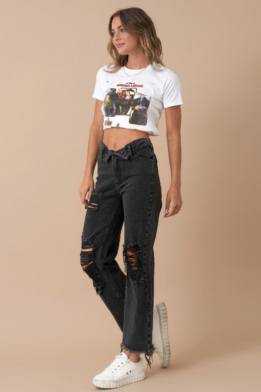 Flipped Waistband Black Wash Denim Jeans