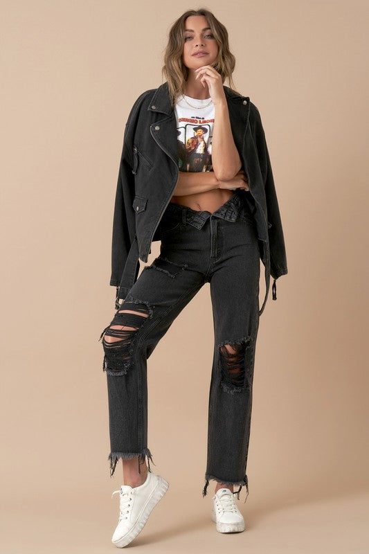 Flipped Waistband Black Wash Denim Jeans