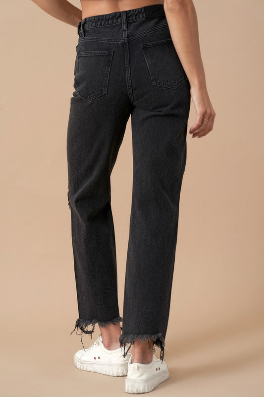 Flipped Waistband Black Wash Denim Jeans