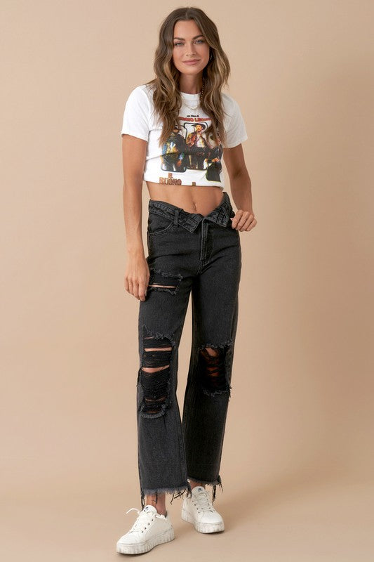 Flipped Waistband Black Wash Denim Jeans