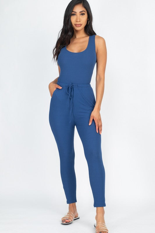 Ribbed Sleeveless Drawstring Catsuits Jumpsuit