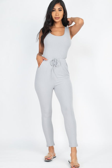 Ribbed Sleeveless Drawstring Catsuits Jumpsuit