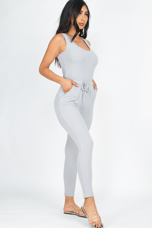 Ribbed Sleeveless Drawstring Catsuits Jumpsuit