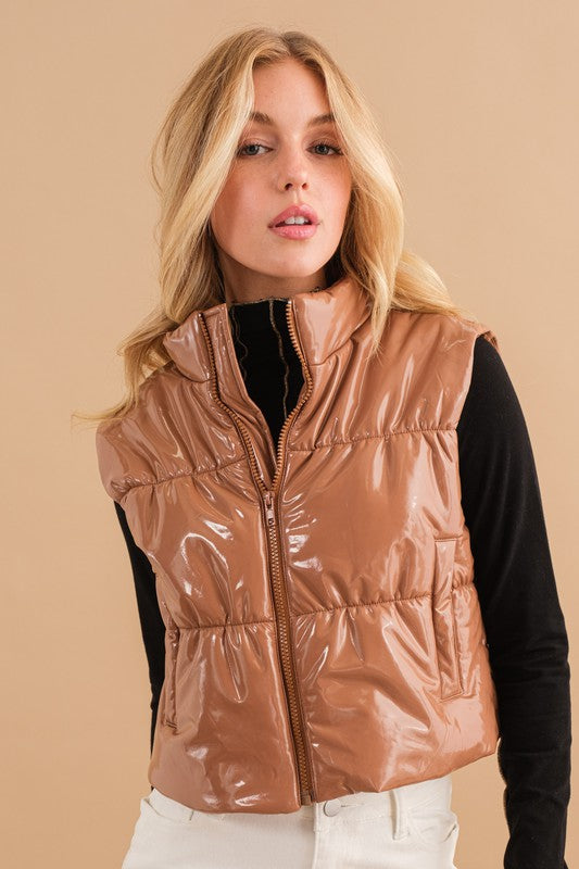 Gloss Shiny PU Quilted Puffer Zip Up Crop Vest king-general-store-5710.myshopify.com