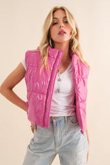 Gloss Shiny PU Quilted Puffer Zip Up Crop Vest king-general-store-5710.myshopify.com
