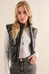 Gloss Shiny PU Quilted Puffer Zip Up Crop Vest king-general-store-5710.myshopify.com