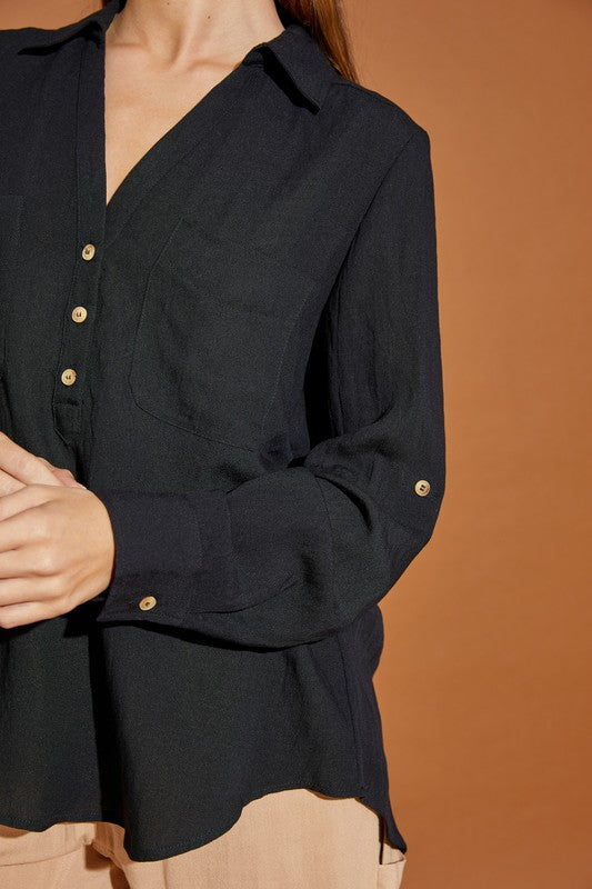 V Neck Button Down Relaxed Henley Shirt