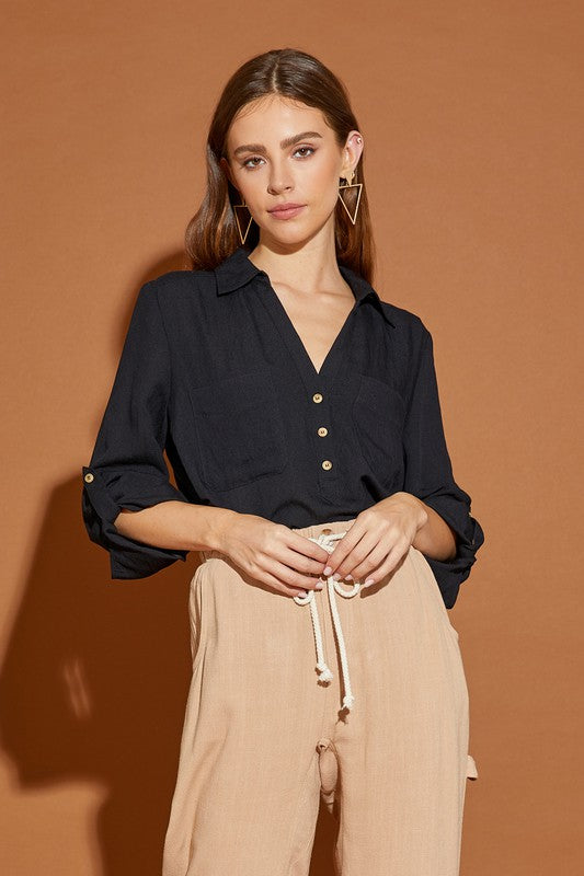 V Neck Button Down Relaxed Henley Shirt