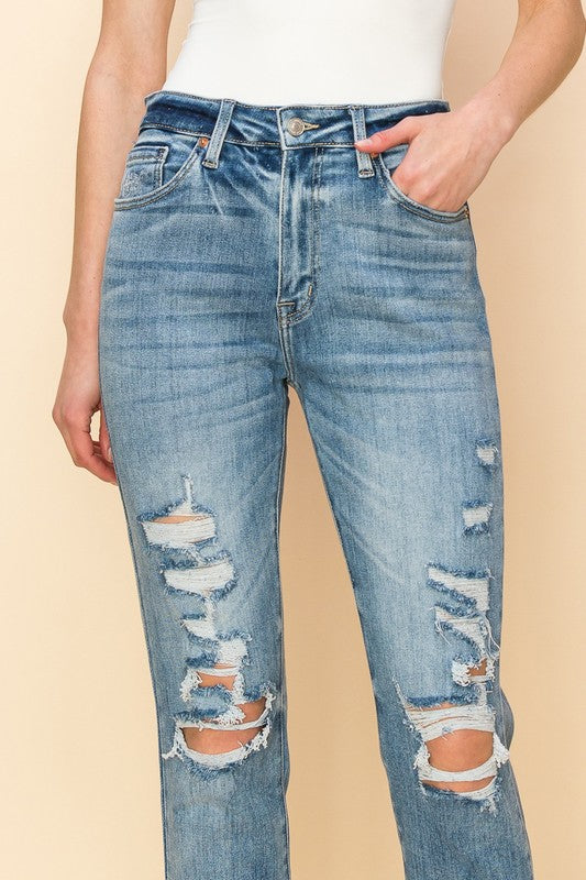 High Rise Stretch Distressed Mom Jeans king-general-store-5710.myshopify.com