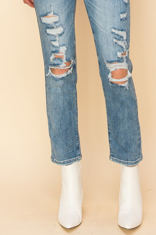 High Rise Stretch Distressed Mom Jeans king-general-store-5710.myshopify.com