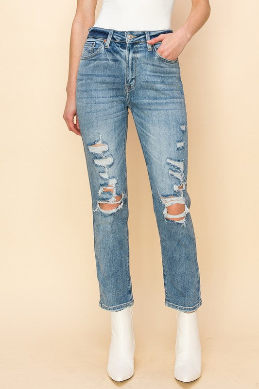 High Rise Stretch Distressed Mom Jeans king-general-store-5710.myshopify.com