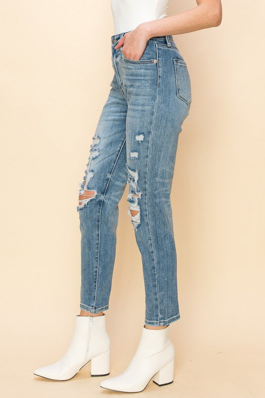 High Rise Stretch Distressed Mom Jeans king-general-store-5710.myshopify.com