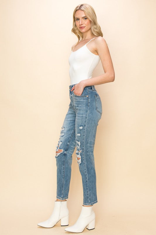 High Rise Stretch Distressed Mom Jeans king-general-store-5710.myshopify.com