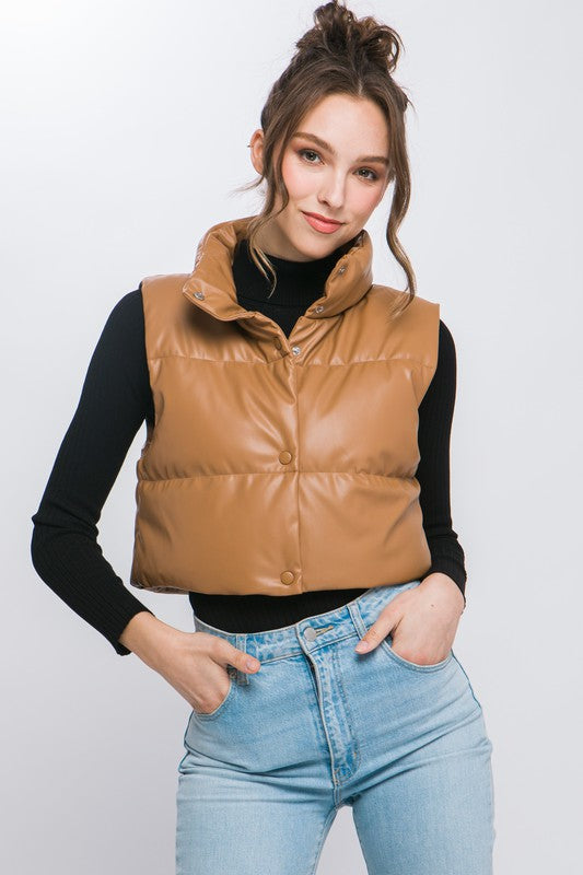 PU Faux Leather Button Up Puffer Vest king-general-store-5710.myshopify.com