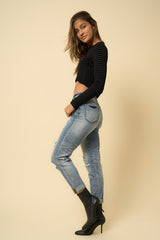 Front Distress High Rise Light Wash Denim Girlfriend Jeans