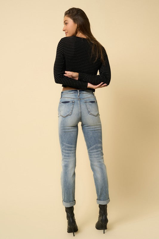 Front Distress High Rise Light Wash Denim Girlfriend Jeans