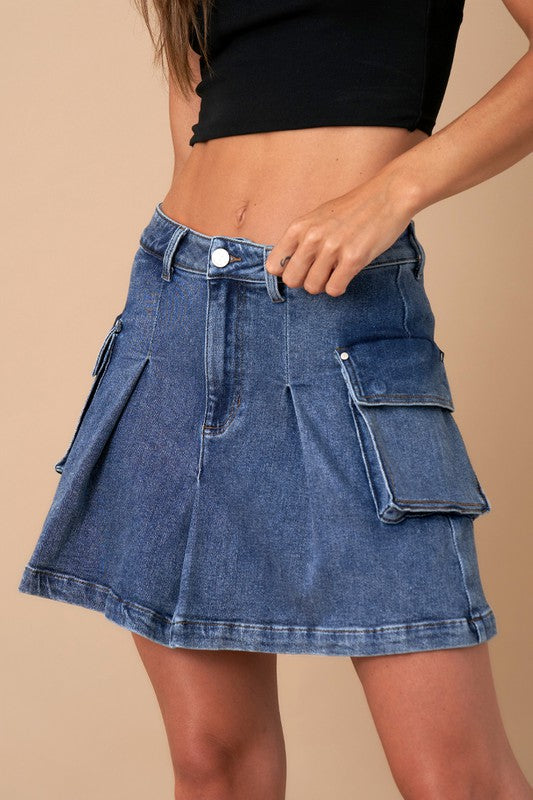 Pleated Cargo Denim Mini Skirt