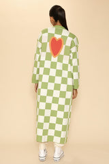 Green Long Knit Heart Patch Checkered Cardigan