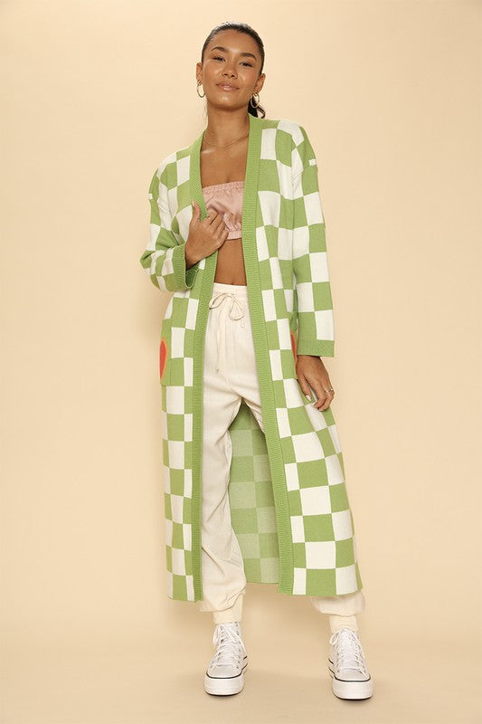 Green Long Knit Heart Patch Checkered Cardigan