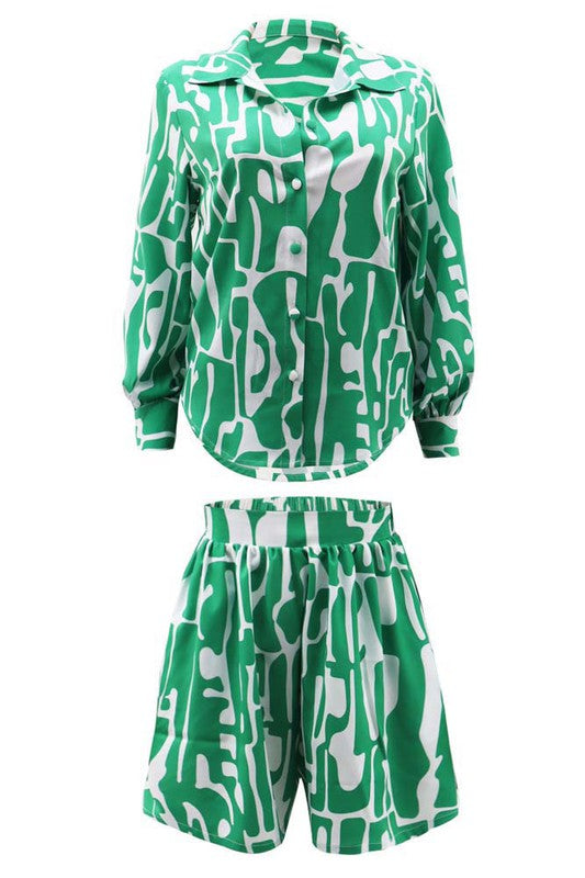 Green Front Button Top & Waist Hem Short Set