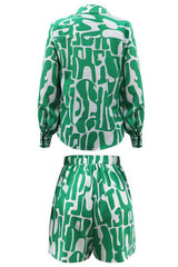 Green Front Button Top & Waist Hem Short Set