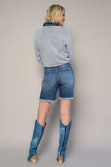 Frayed Hem Medium Wash Denim Bermuda Shorts