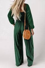 Long Sleeve Square Neck Smocked Bodice Jumpsuit