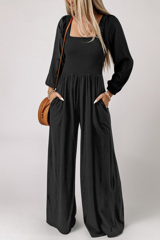 Long Sleeve Square Neck Smocked Bodice Jumpsuit