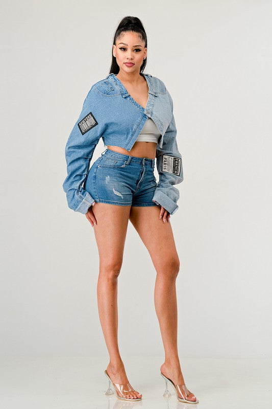 Denim Patched X-Contrast Top king-general-store-5710.myshopify.com