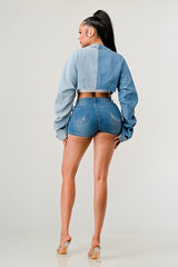 Denim Patched X-Contrast Top king-general-store-5710.myshopify.com