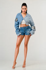 Denim Patched X-Contrast Top king-general-store-5710.myshopify.com