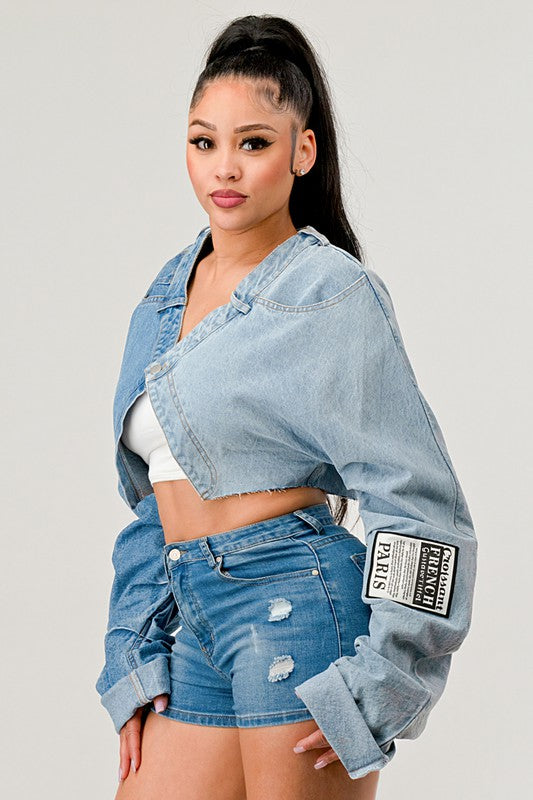 Denim Patched X-Contrast Top king-general-store-5710.myshopify.com