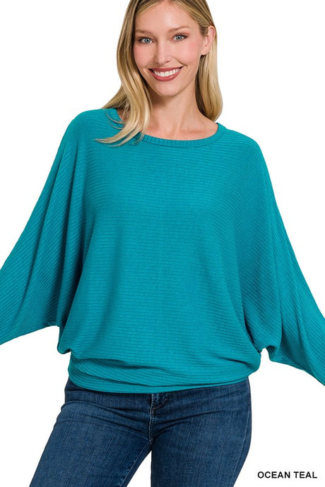 Ribbed Batwing Long Sleeve Boat Neck Sweater king-general-store-5710.myshopify.com