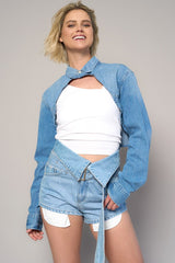 Flap Waist Medium Wash Denim Shorts