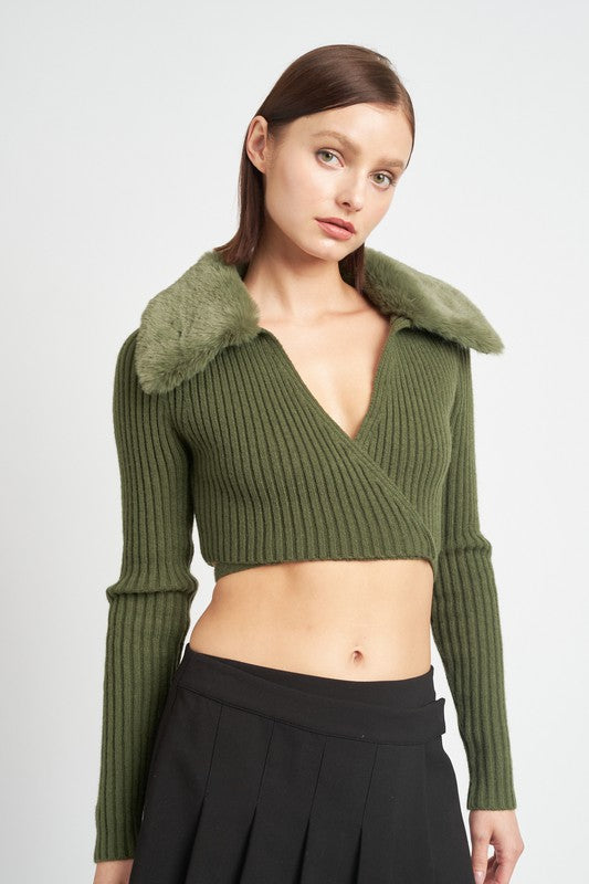 V NECK CARDIGAN WITH FUR COLLAR king-general-store-5710.myshopify.com