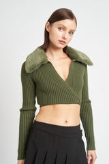 V NECK CARDIGAN WITH FUR COLLAR king-general-store-5710.myshopify.com