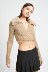 V NECK CARDIGAN WITH FUR COLLAR king-general-store-5710.myshopify.com