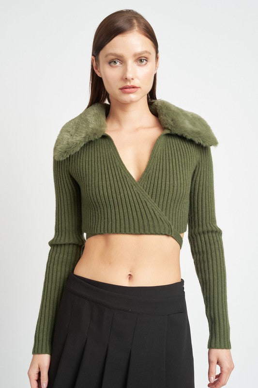 V NECK CARDIGAN WITH FUR COLLAR king-general-store-5710.myshopify.com