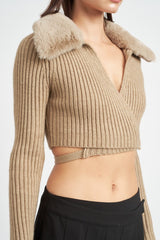 V NECK CARDIGAN WITH FUR COLLAR king-general-store-5710.myshopify.com