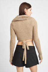 V NECK CARDIGAN WITH FUR COLLAR king-general-store-5710.myshopify.com