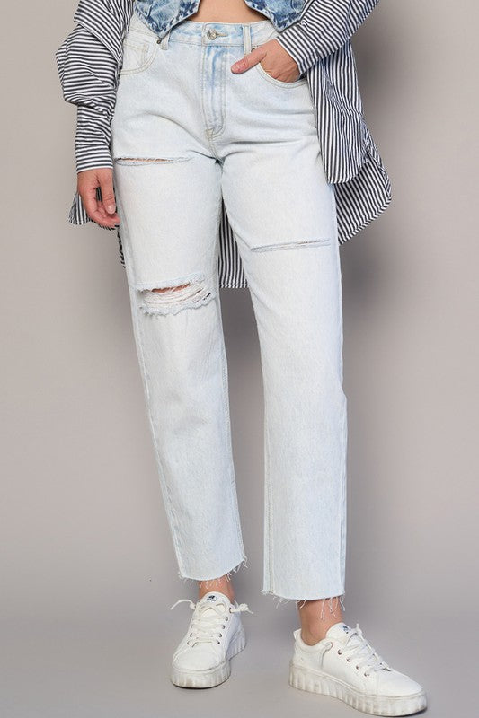 Button Up High Rise Premium Straight Light Wash Denim Jeans