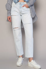 Button Up High Rise Premium Straight Light Wash Denim Jeans