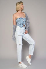 Button Up High Rise Premium Straight Light Wash Denim Jeans