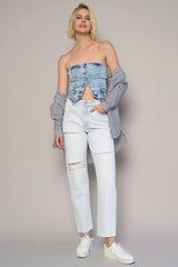 Button Up High Rise Premium Straight Light Wash Denim Jeans