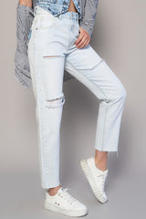 Button Up High Rise Premium Straight Light Wash Denim Jeans