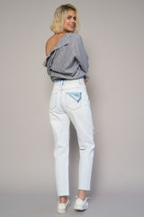 Button Up High Rise Premium Straight Light Wash Denim Jeans