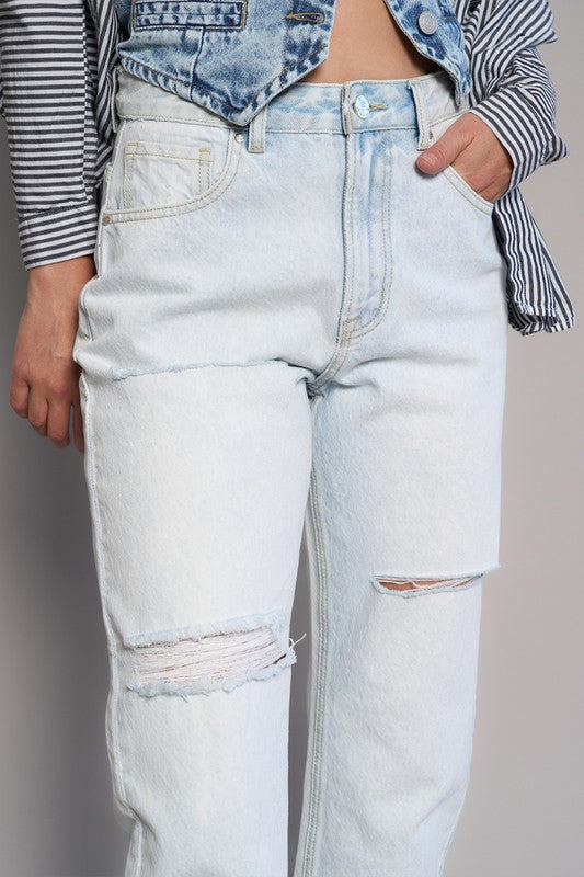 Button Up High Rise Premium Straight Light Wash Denim Jeans