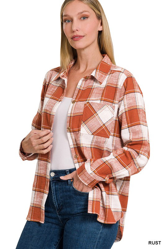 Cotton Plaid Shacket With Front Pocket king-general-store-5710.myshopify.com